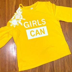 SHEIN kids off the shoulder white lace yellow girls top